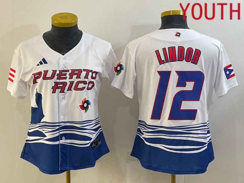 Youth 2023 World Cub Puerto Rico #12 Lindor White MLB Jersey3